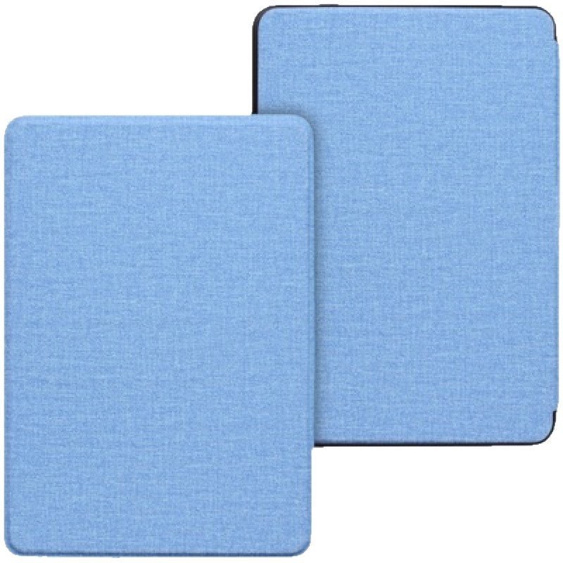 Light blue fabric folio cover for a Kindle-sized e-reader, front and back views