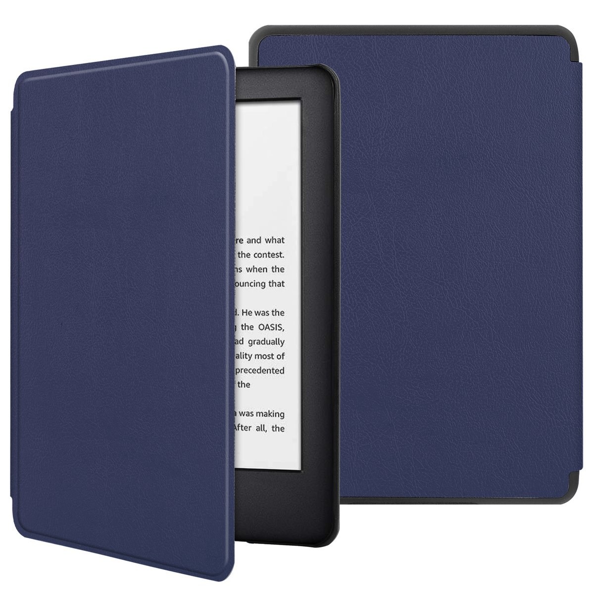 Marineblaue genarbte PU-Hülle geöffnet neben einem E-Reader-Bildschirm