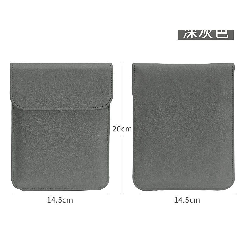 Dark grey microfiber e-reader sleeve, front flap and back views