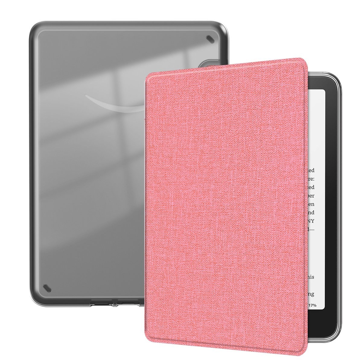 Clear back shell next to a pink fabric folio cover for a Kindle